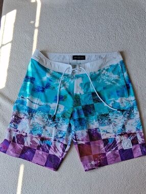 American Eagle Outfitters Turquoise, Teal & Purple Patterned Swim Board Shorts